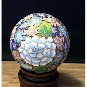 Vintage Cloisonne Enamel Brass Floral Decorative Sphere Ball on Wood Stand